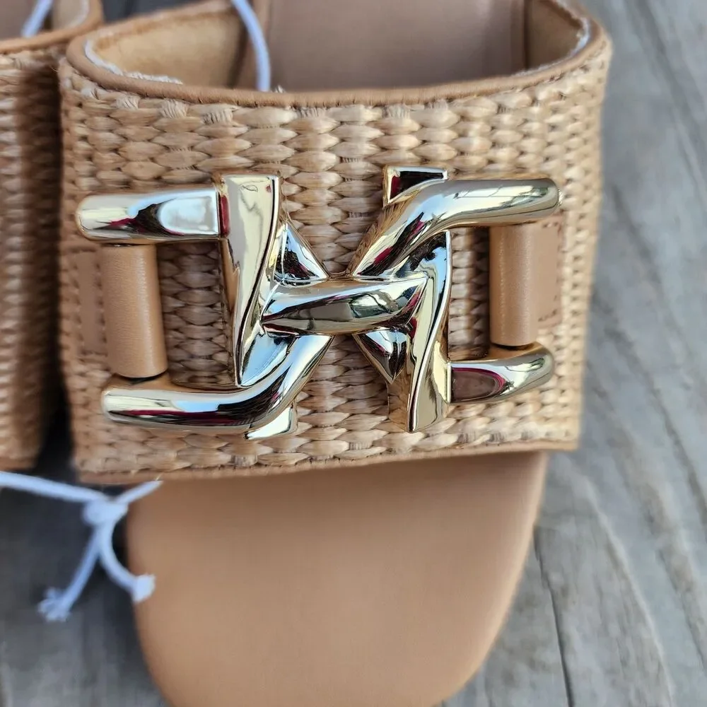 Serra Brown Block Heel Woven Design Gold Buckle Sandles Womens Size 9